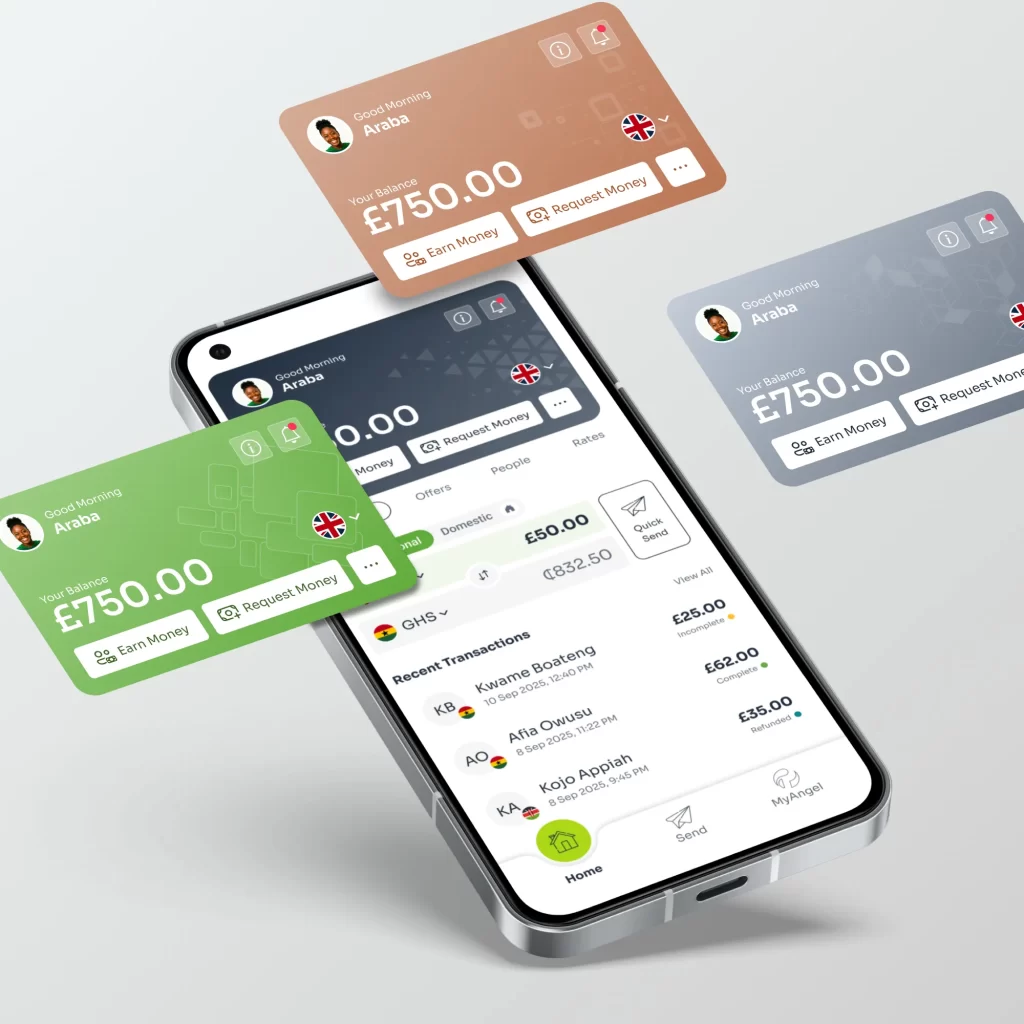 PayAngel mobile app interface showing instant international money transfers with virtual cards on a smartphone