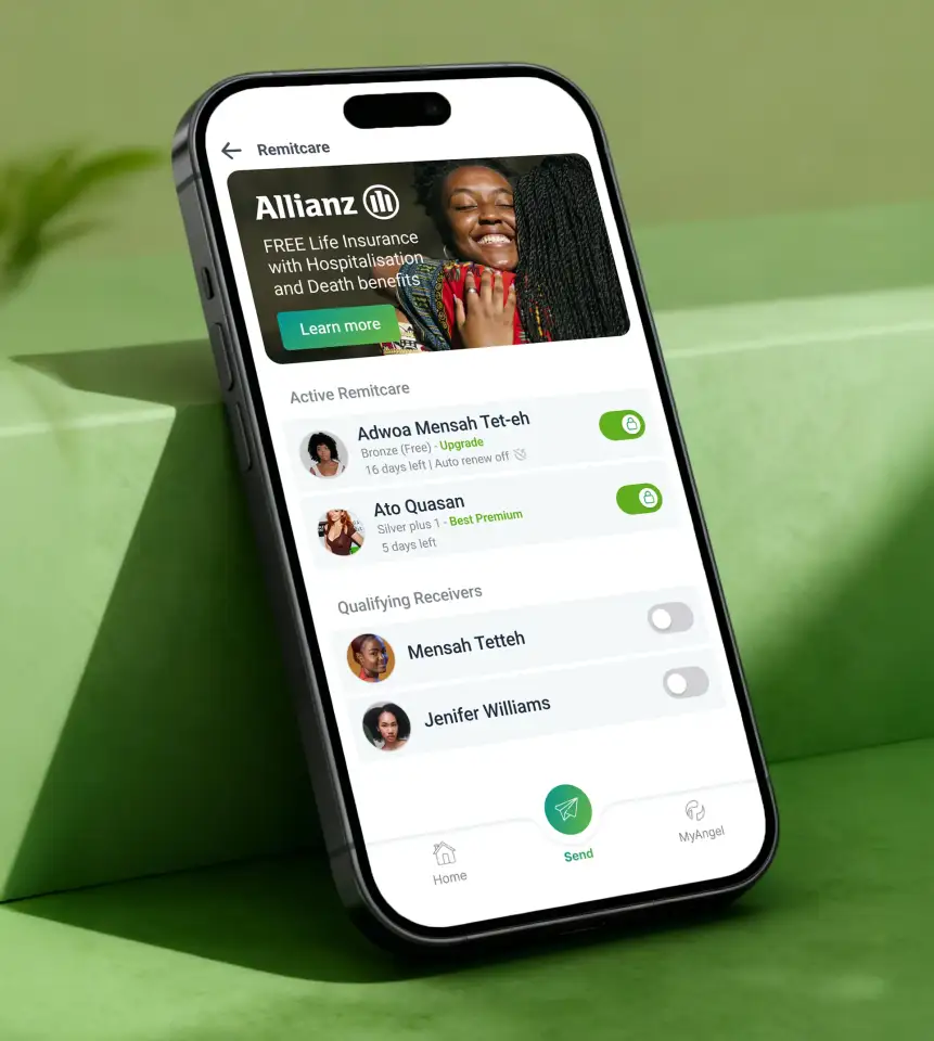 PayAngel RemitCare embedded life insurance benefit in partnership with Sanlam Allianz displayed inside the PayAngel app