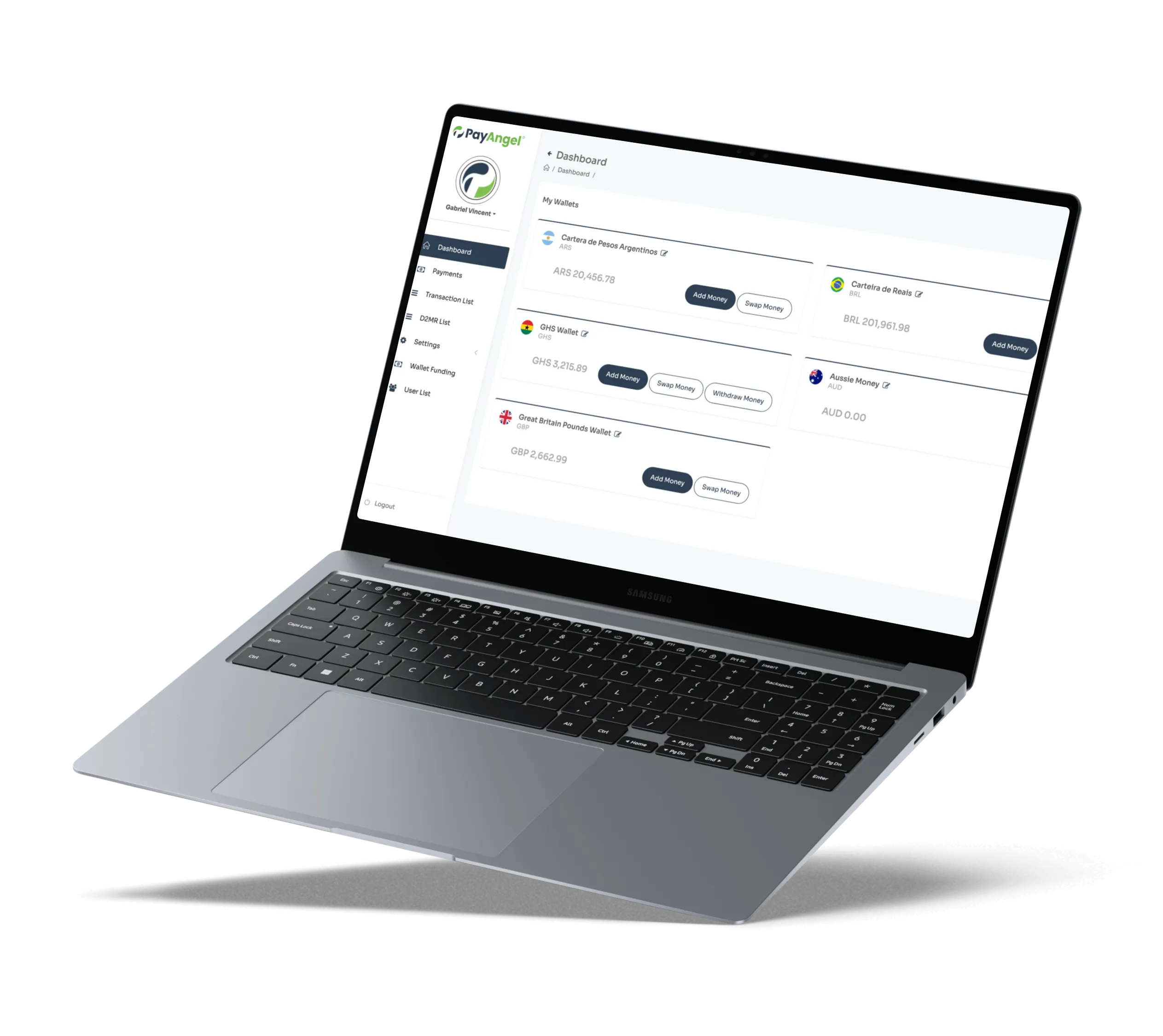 PayAngel Business Portal dashboard on laptop showing global payment management and multi-currency wallets