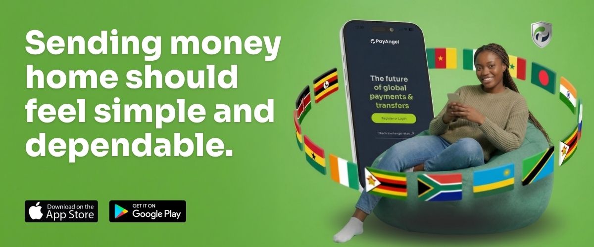 Woman using the PayAngel mobile app to send money internationally, surrounded by African country flags representing global remittances.