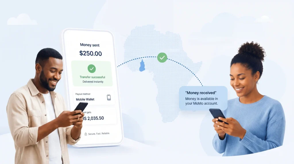 Man sends money to Africa through PayAngel as woman receives funds in her MoMo mobile wallet