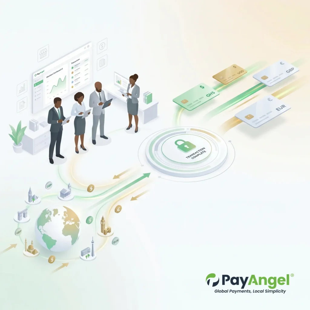 Premium fintech illustration showing African businesses receiving secure international payments from diaspora customers through a modern cross-border payment platform with multi-currency support and business payment infrastructure.