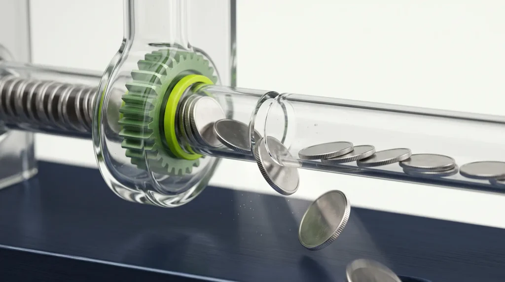 Blank metal coins travelling through a transparent glass mechanism, with several coins slipping through a gap and falling — illustrating the money lost to fees and exchange rate margins during an international money transfer.