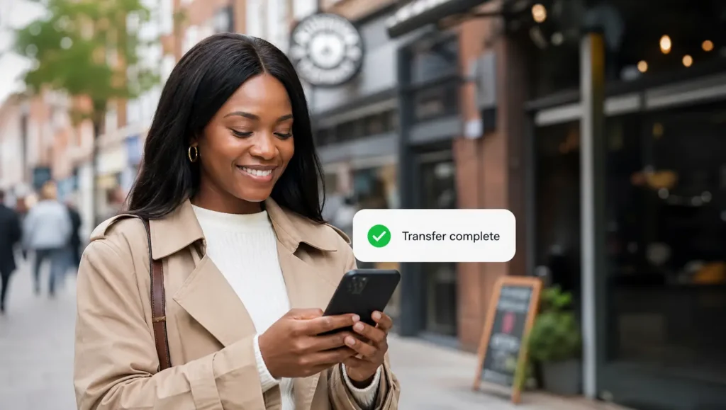 Diaspora sender comparing safe international money transfer services for Africa on a phone, with a zero-fee and security badge on screen