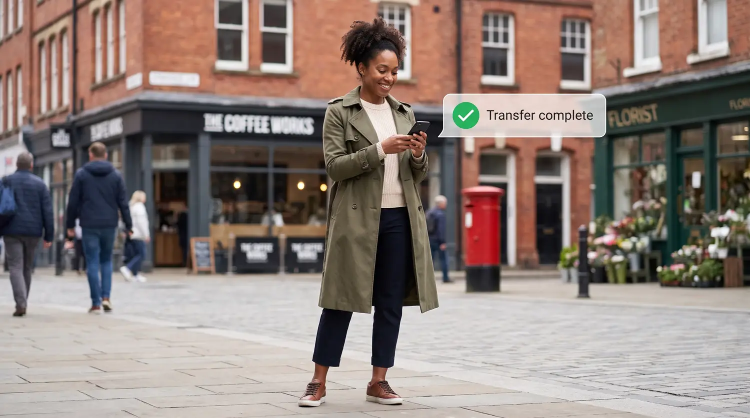 Smartphone showing a zero-fee, FCA-regulated money transfer app with a security shield, ready to send money to Africa