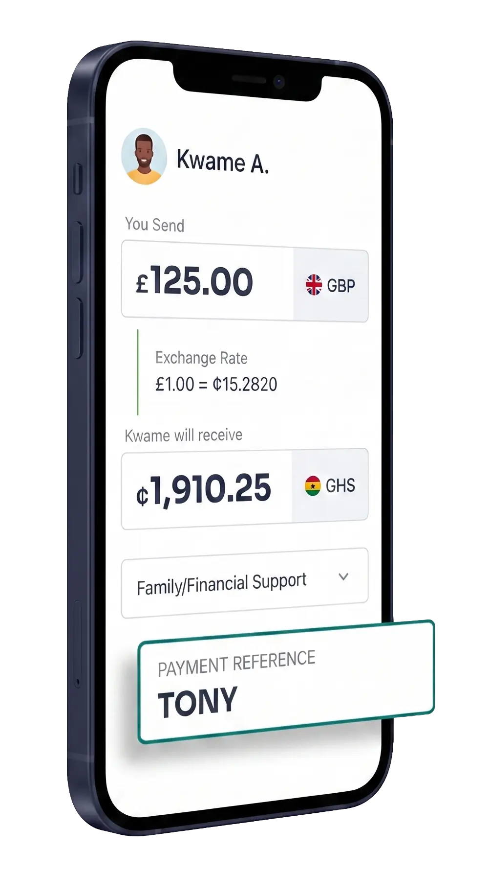 The PayAngel app on a phone, sending 125 pounds with the reason set to Family or Financial Support and the word TONY typed into the payment reference field.