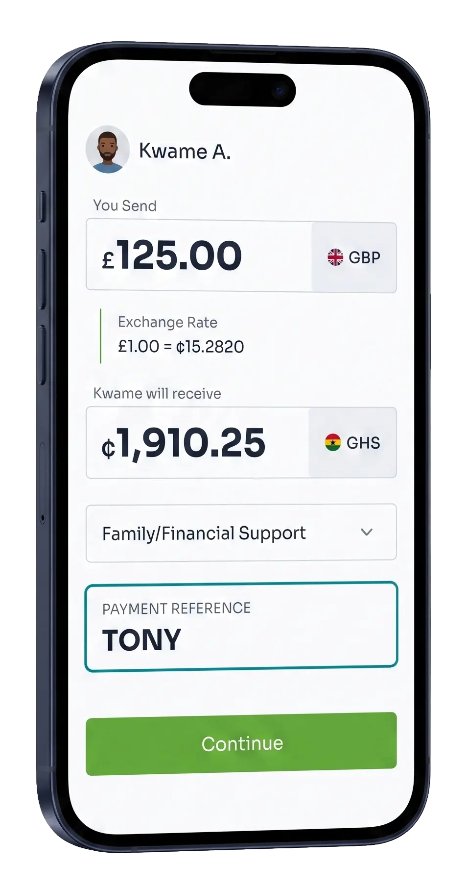 The PayAngel app with TONY typed into the payment reference field.