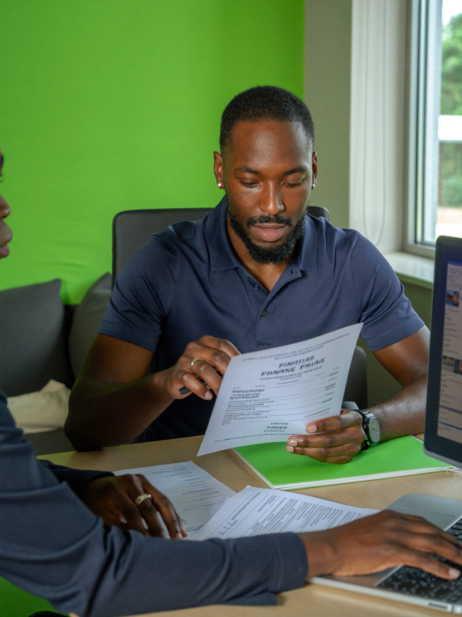 Ghanaian SME finance lead reviewing payment activity with a colleague