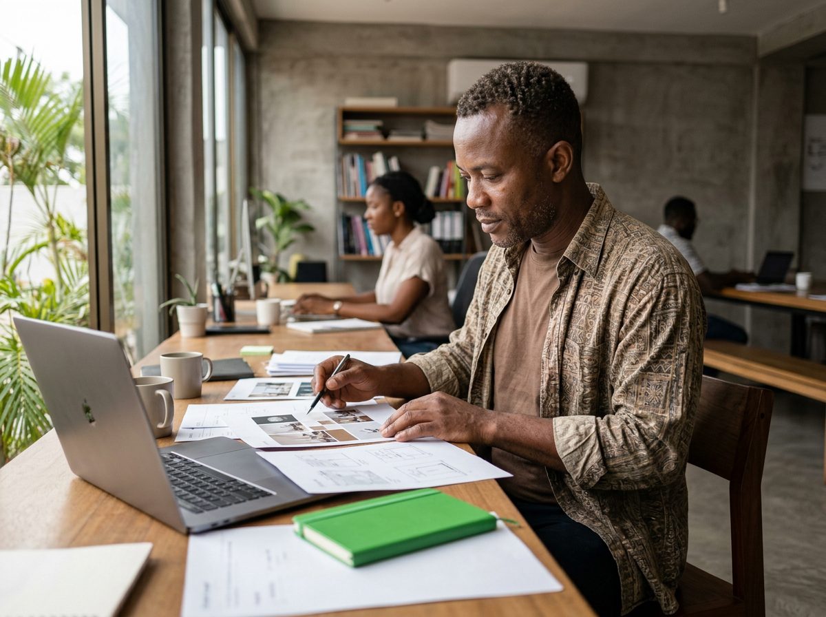 Ghanaian creative agency founder reviewing client work