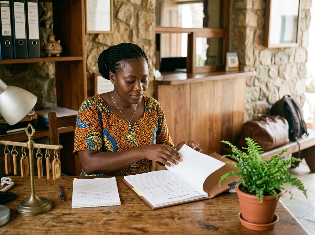 Ghanaian hotel manager organising an international booking