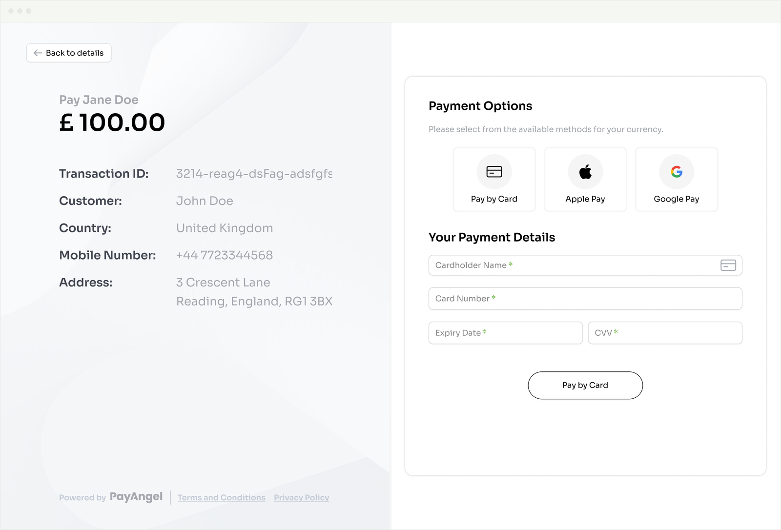 Parent in the United Kingdom paying a PayAngel Payment Link by card