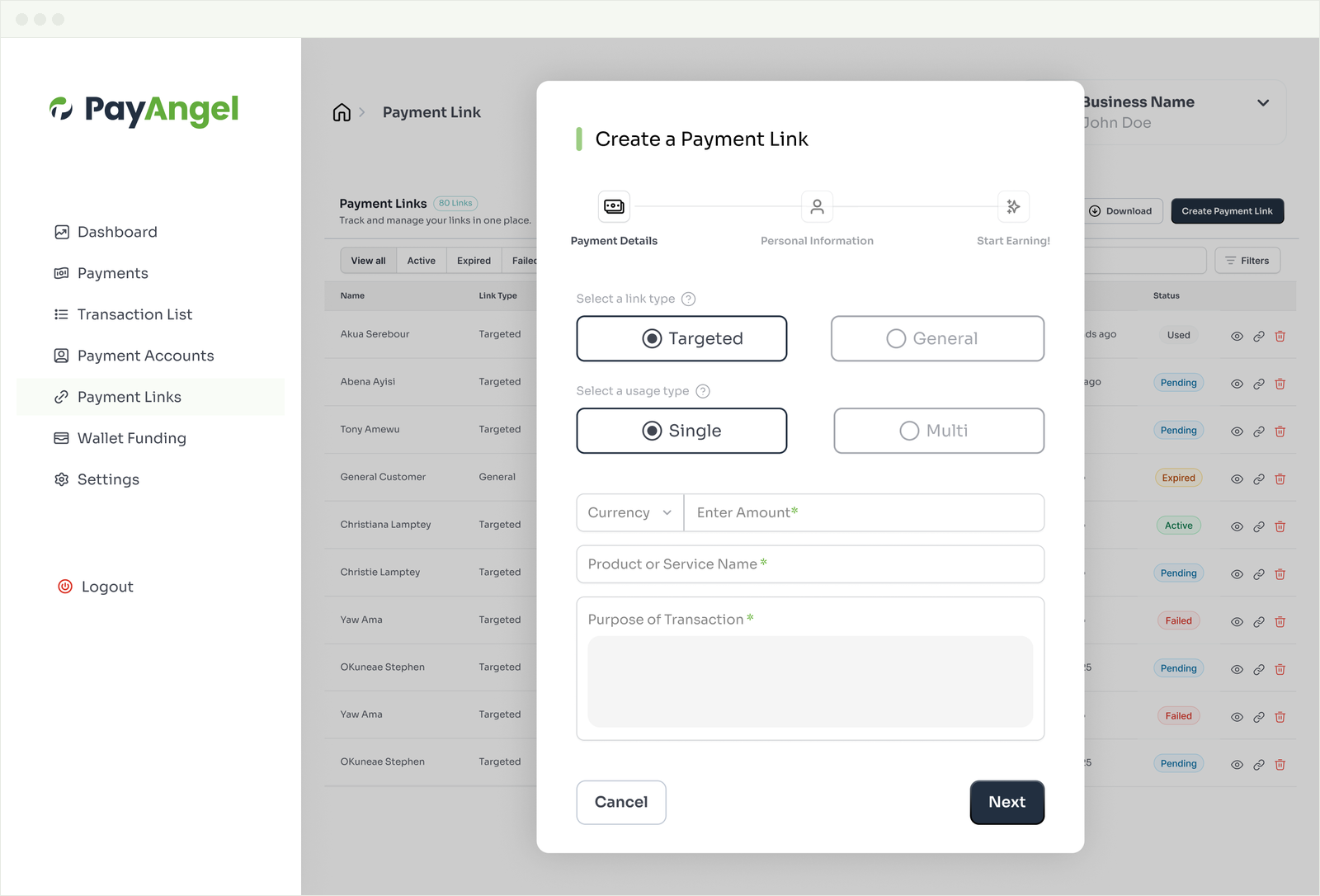 Creating a targeted Payment Link in the PayAngel Business Portal