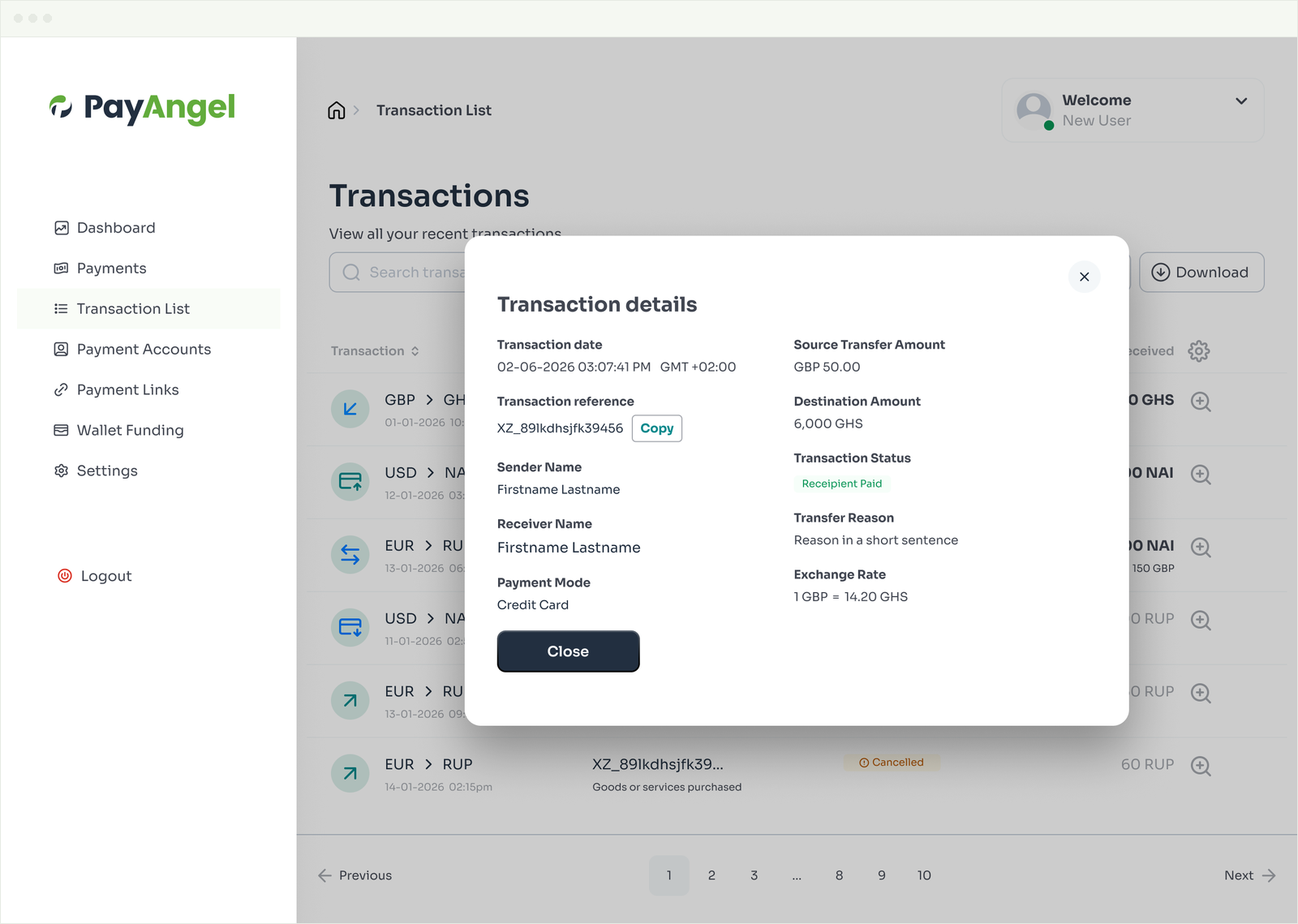Transaction details in the PayAngel Business Portal showing a received GBP to GHS payment