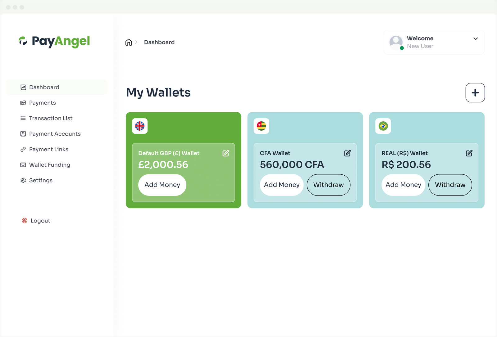 PayAngel Business Portal dashboard showing supported currency wallets