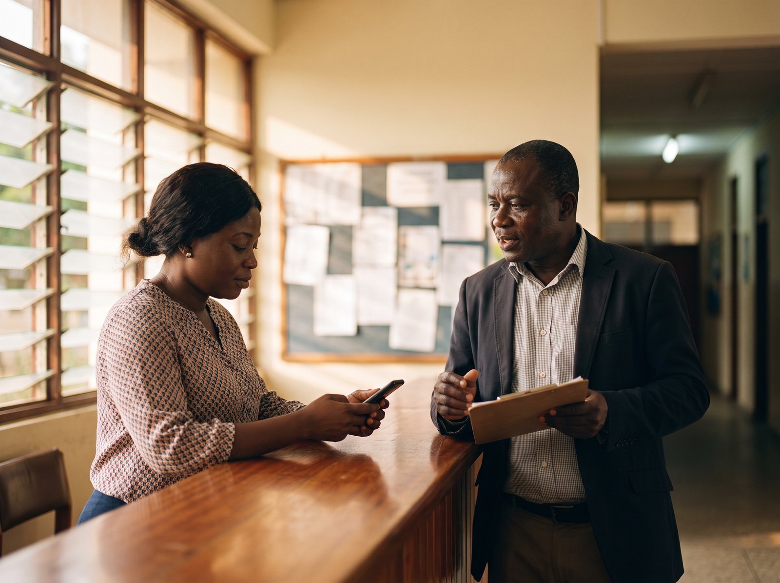 School administrator with a parent at a Ghanaian school front desk