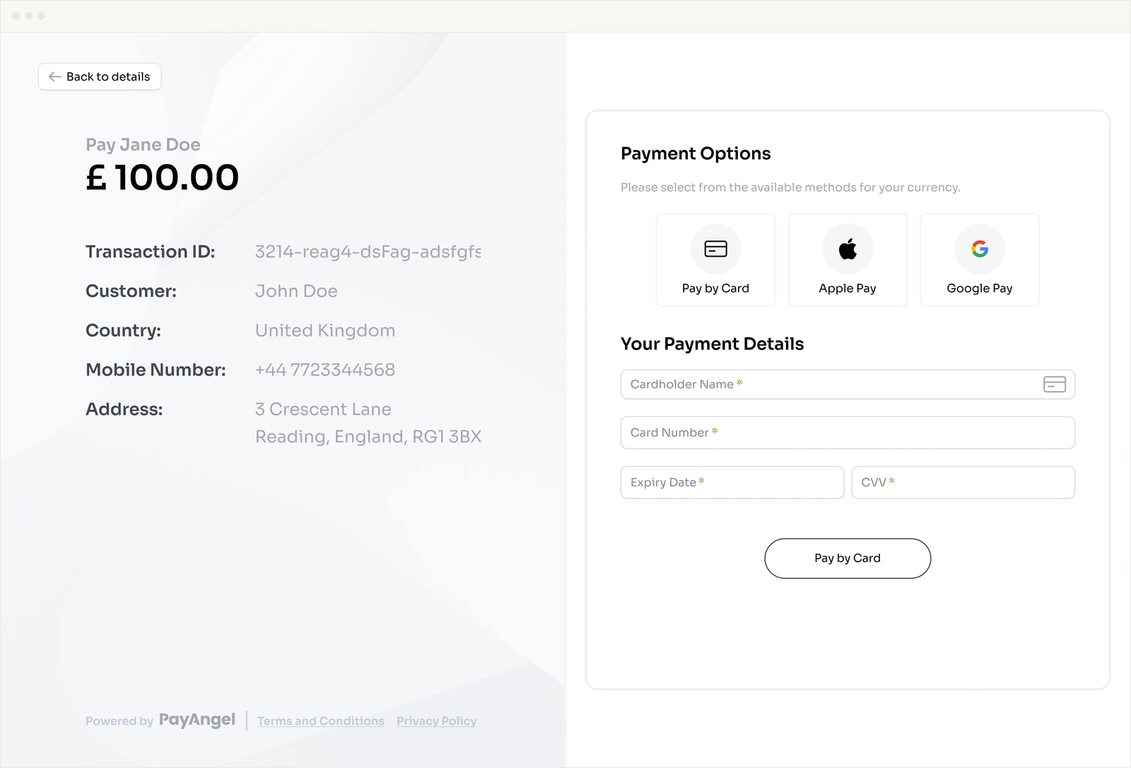 Customer paying a PayAngel Payment Link by card