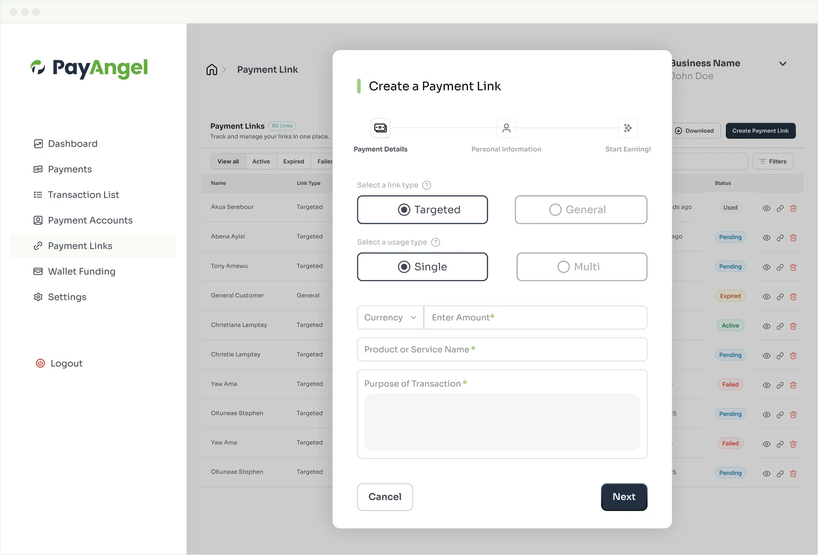 Creating a Payment Link in the PayAngel Business Portal