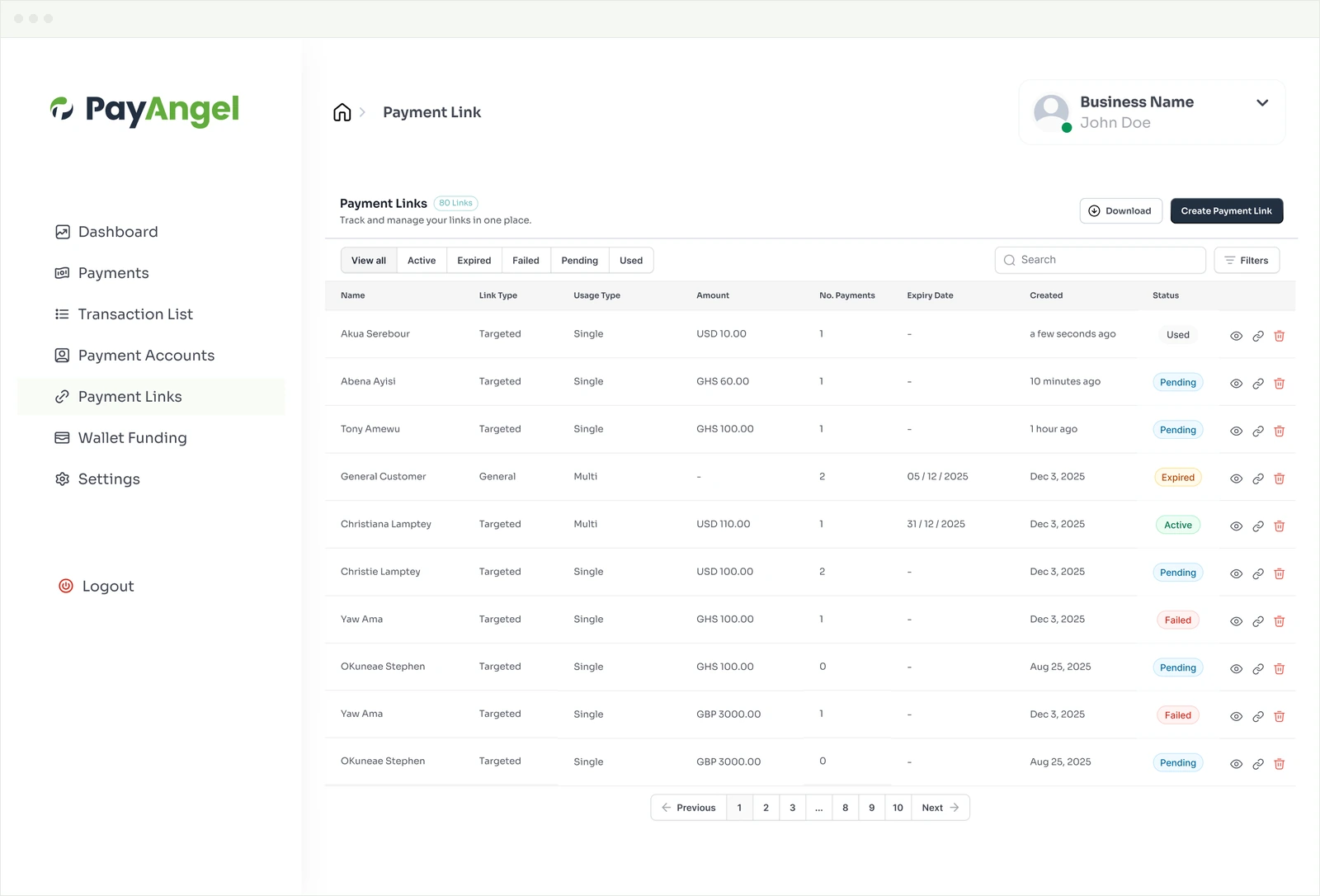 PayAngel Business Portal — Payment Links list with payment status