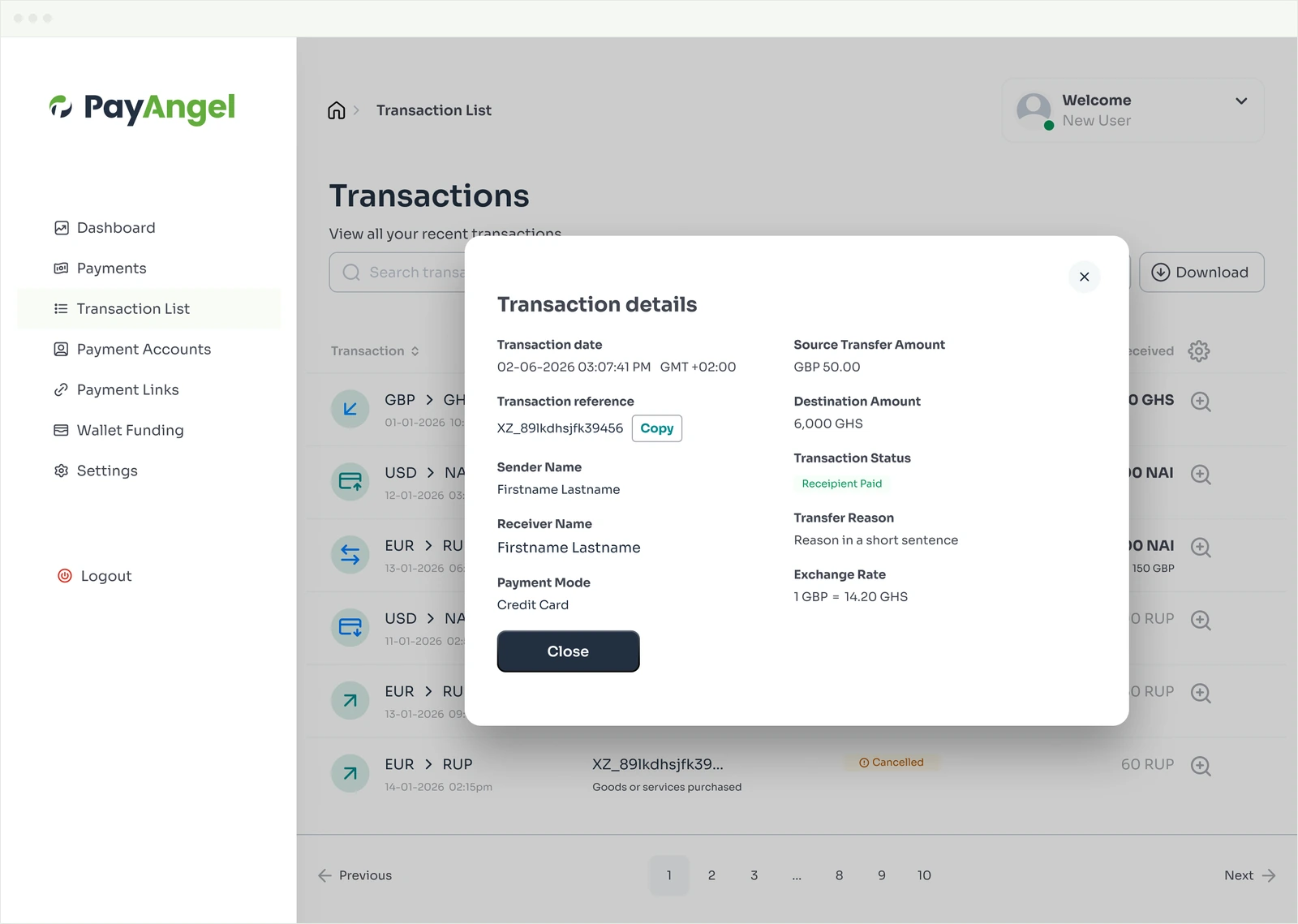 Transaction details in the PayAngel Business Portal showing a received payment