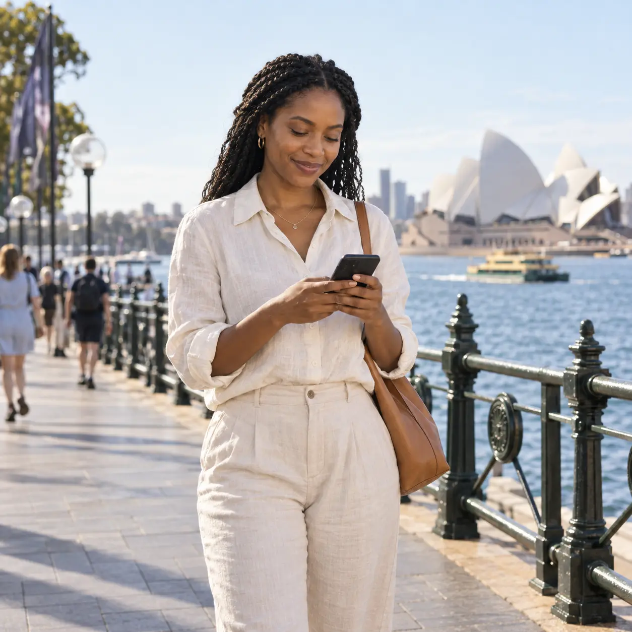 Woman looking at her smartphone beside Sydney Harbour, with the Opera House in the background.