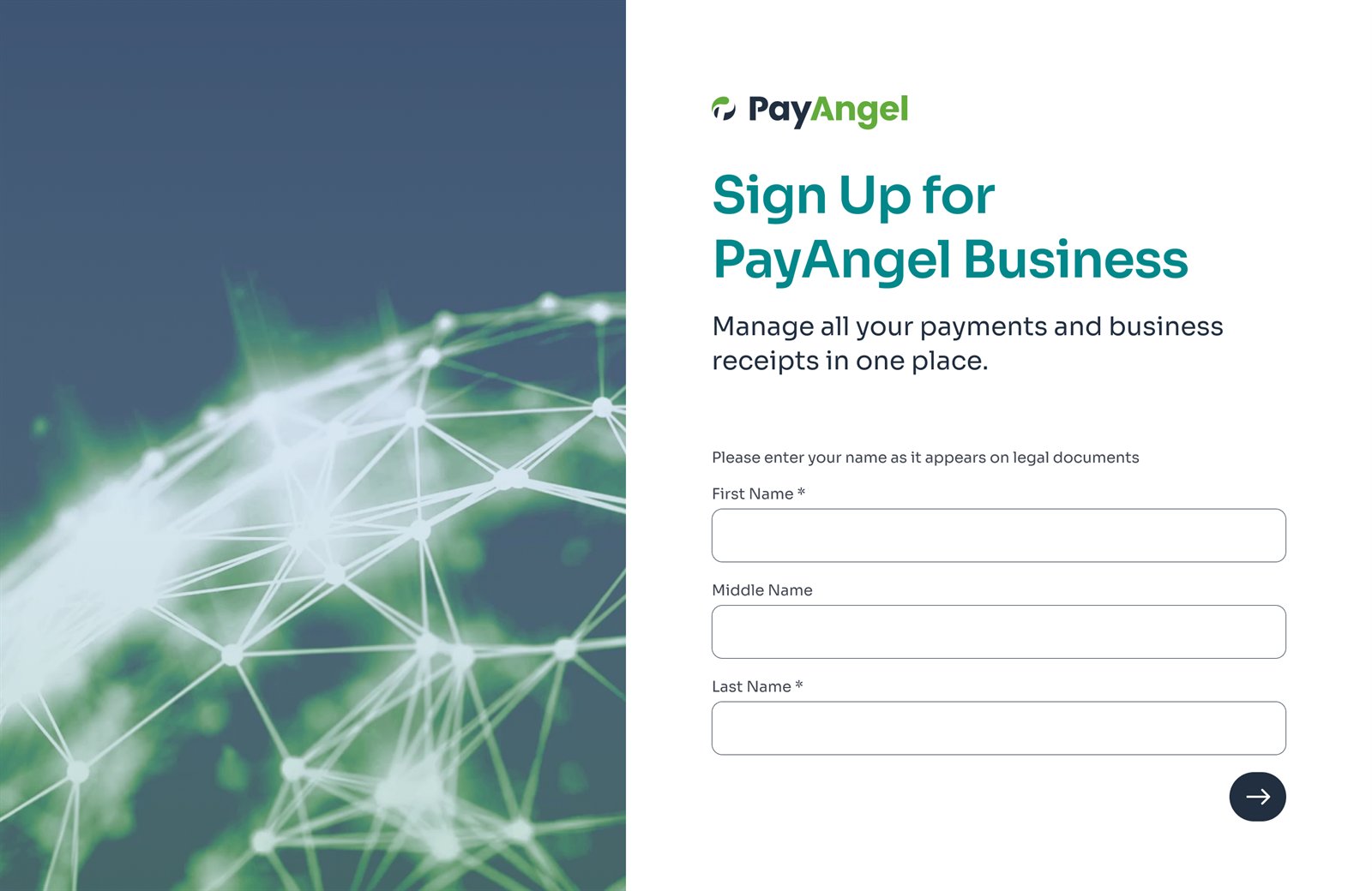 PayAngel Business sign-up screen on a laptop
