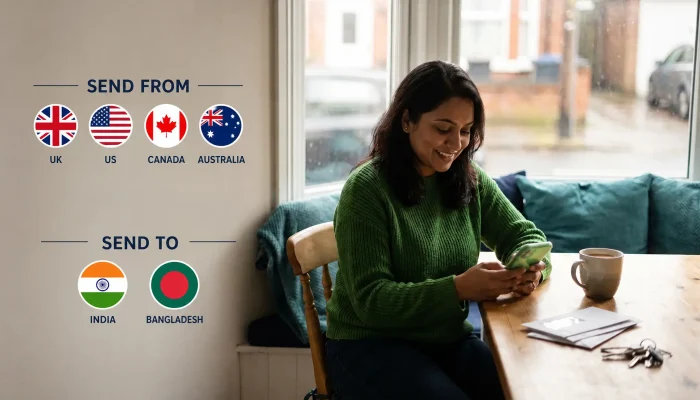 Woman in the UK sending a fast money transfer to Bangladesh from her phone