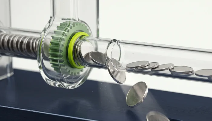 Blank metal coins travelling through a transparent glass mechanism, with several coins slipping through a gap and falling — illustrating the money lost to fees and exchange rate margins during an international money transfer.