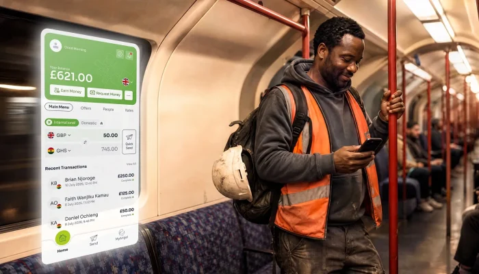 Construction worker on the London Underground smiling at his phone after sending money home with an international money transfer service